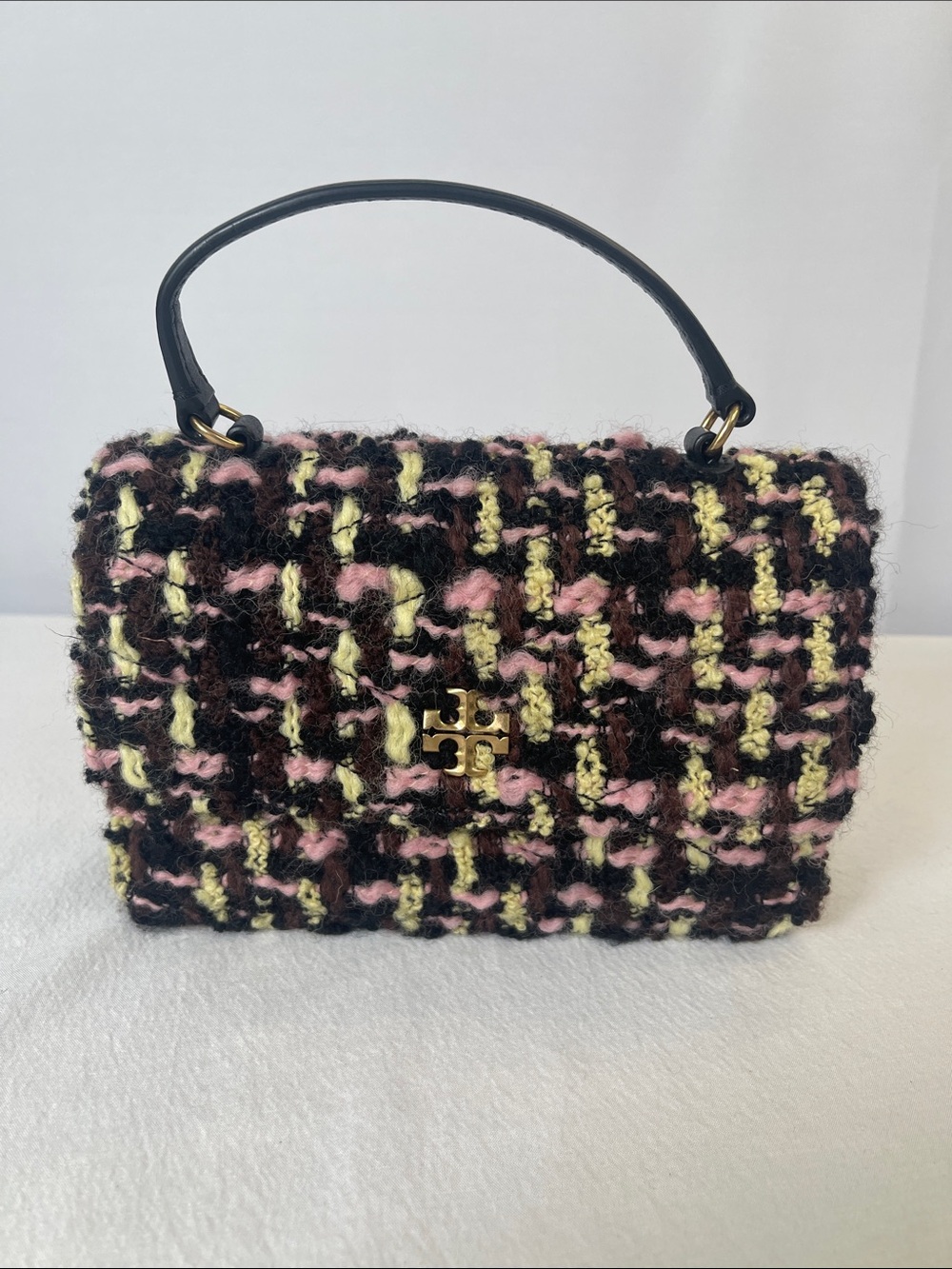 Tory Burch Kira Tweed Mini Flap Chain Shoulder Bag Pink Black Wool Crossbody